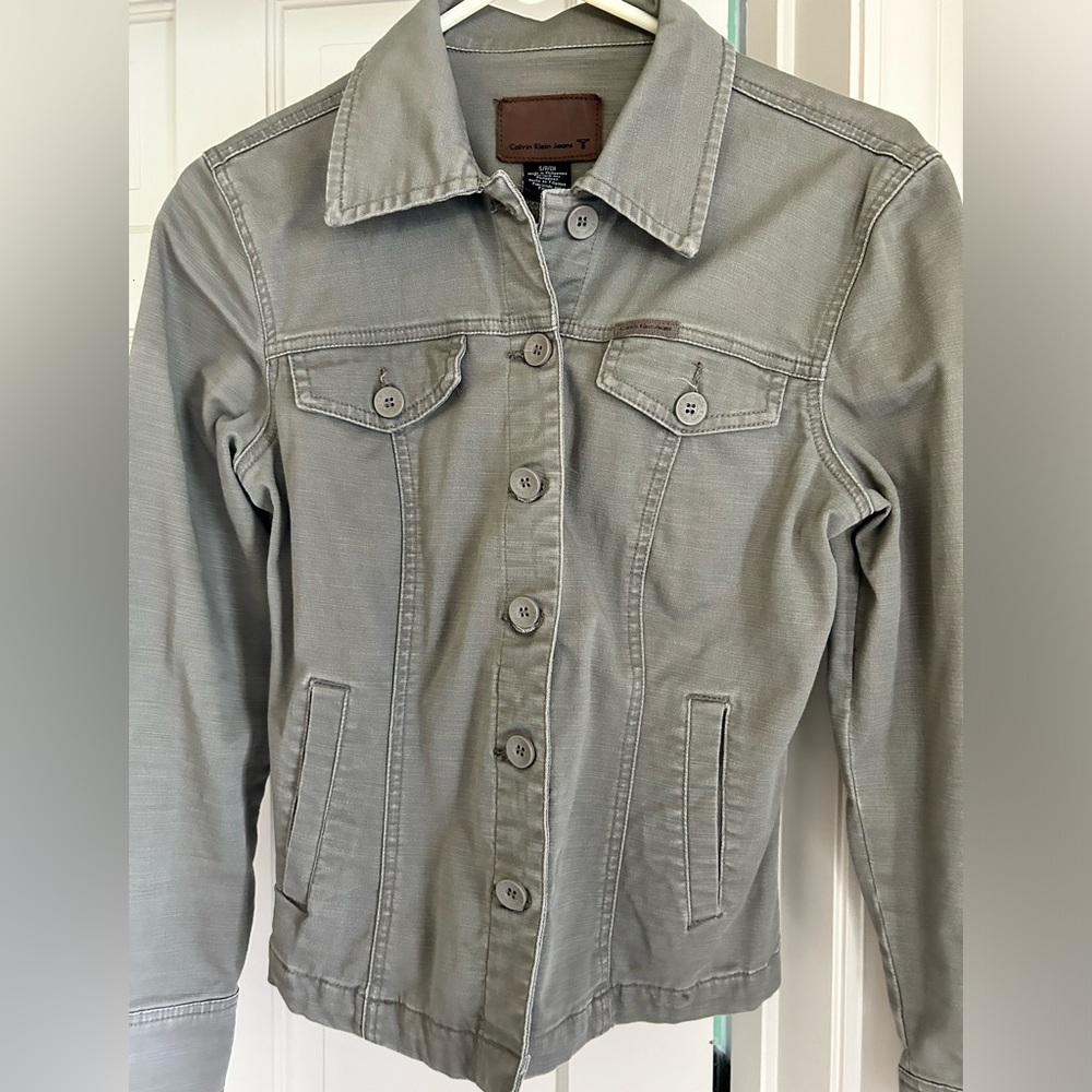 Cute Calvin Klein Green Women’s Bomber Jacket Button Cotton Size Small